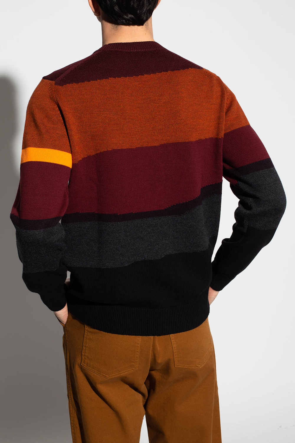 Tricolour-stripe Patch-pocket Cotton T-shirt Mens Grey Striped sweater